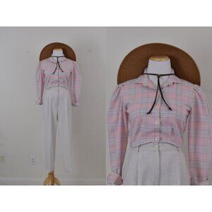 Vintage 80s Plaid‎ Long Sleeves Poly/Cotton Pastel Button up Blouse